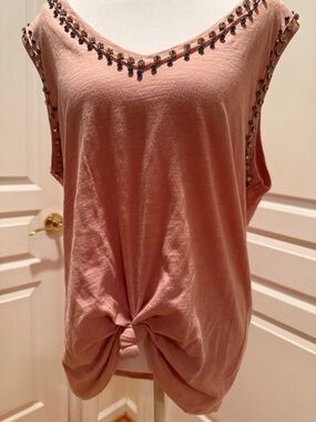 Vocal Dusty Rose Beaded V-Neck Knot Front Tank